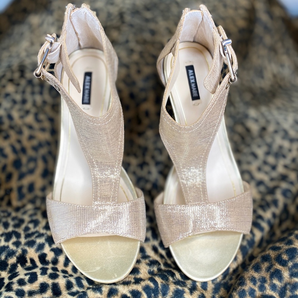 Alex Marie Zipper Back Gold Wedge Cork Heel